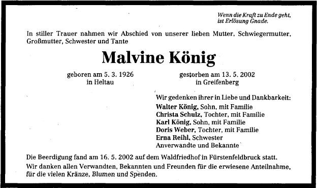 Koenig Malvine 1926-2002 Todesanzeige